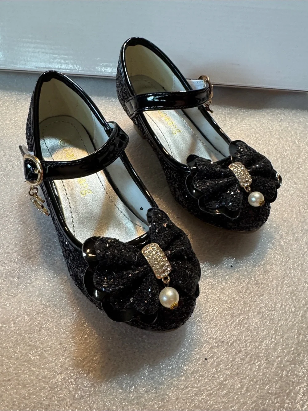 Black Glitter Mary Jane Heels with Bow Detail